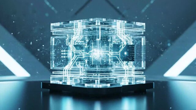 Futuristic digital cube displaying glowing circuit patterns with dynamic lightning effects for innovative technology visuals