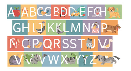 Alphabet chart featuring uppercase letters from A to Z, each paired with a colorful illustration of an animal or object starting with that letter. © nebo