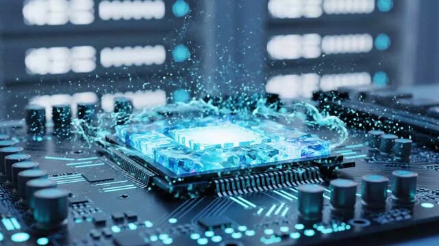 Futuristic digital technology concept with computer hardware circuit board and holographic data explosion in a high-tech