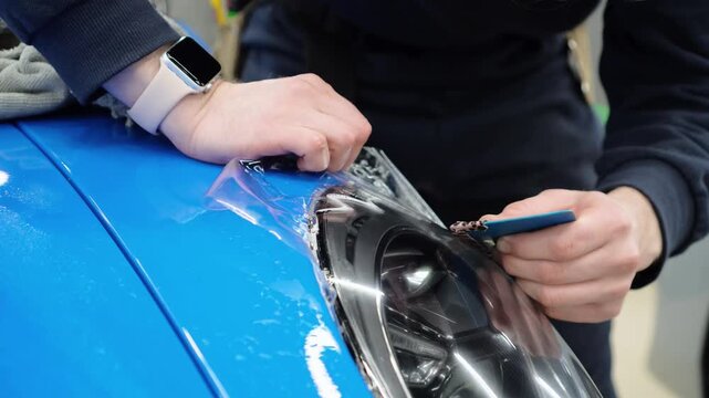 Detailer worker smoothes PPF, Paint Protection Film on blue sport car Headlight. The process of installing PPF film on the headlight of the blue car. A car wrapping specialist applies a PPF. 