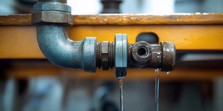 rusty metal pipe elbow and threaded coupling leaking water droplets from a worn industrial fitting, close-up conveying neglect and urgent repair needed