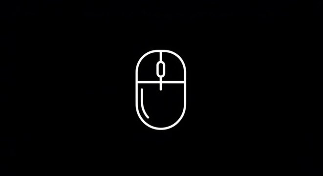 A simple outline illustration of a computer mouse, centered against a stark black background