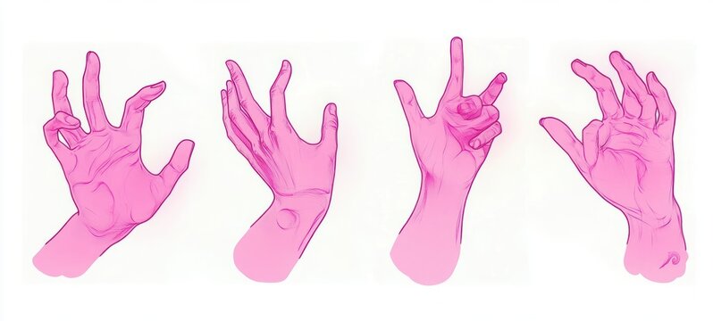 Set of four expressive pink illustrated hands in dynamic gestural poses with detailed anatomical linework on a clean white background conveying movement and playful drama
