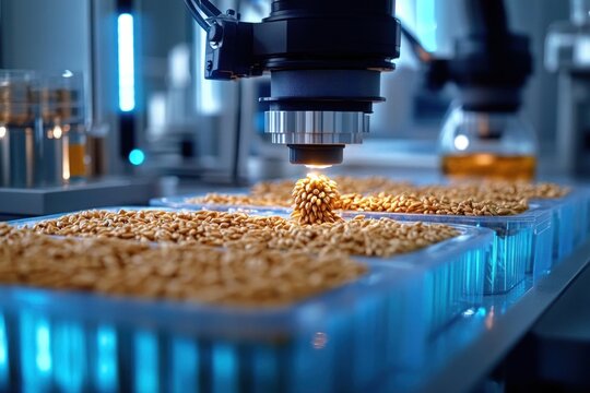 Robotic inspection lens scanning mounded golden wheat grains in plastic sample trays on a blue-lit conveyor, conveying clinical precision and focused quality control