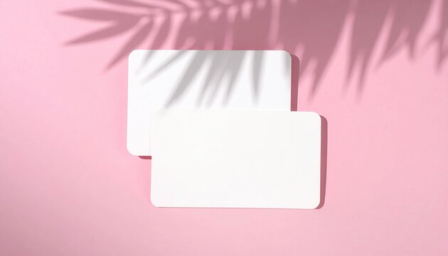 Due carte bianche minimaliste con angoli arrotondati e ombre di foglie di palma su sfondo rosa, perfette per presentazioni estive o mockup di prodotti.