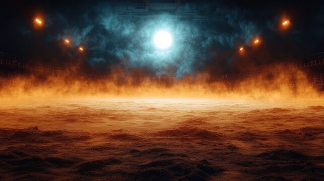 Empty fog-filled stadium arena with glowing central light, orange mist rising over textured sandy floor and dramatic blue smoky sky, eerie tense atmospheric scene