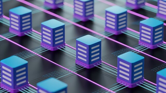 Interconnected server towers with glowing digital network pathways vector illustration
