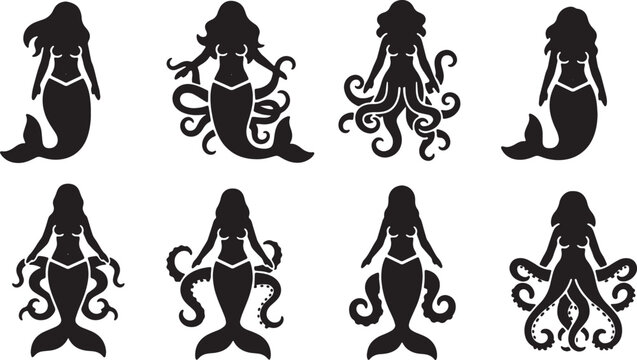 Black Solid Cecaelia Octopus Mermaid Shapes