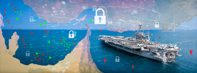U.S. Navy carrier strike maritime blockade in the Strait of Hormuz. The scene features digital overlays of restricted zones, security locks representing a strategic military lockdown regional security © Yellow Boat