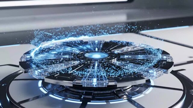 Futuristic high-tech launch sequence with digital energy explosion and holographic display in a sci-fi setting within modern