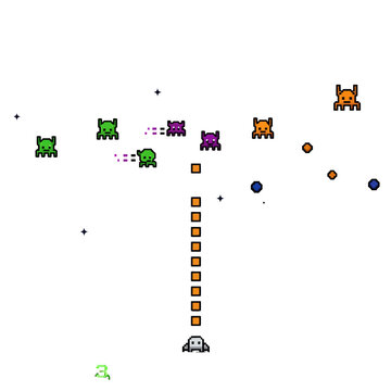 Retro pixelated alien invasion in outer space with a spaceship