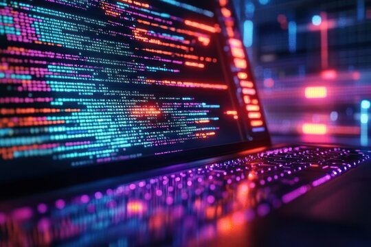 close-up of a laptop displaying colorful lines of code with a glowing purple keyboard and blurred neon-lit server racks, conveying a futuristic intense mood