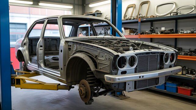 Car body frame on lift in auto repair workshop vehicle restoration and maintenance concept
