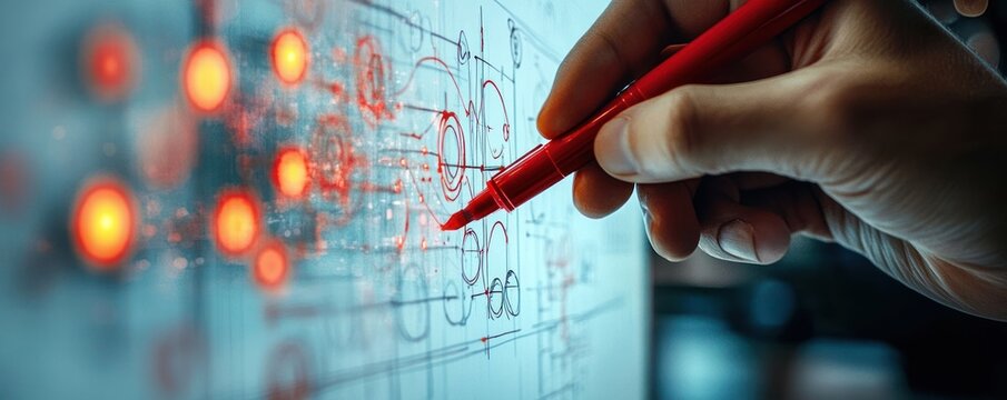 Hand holding a red pen annotating a glowing electronic circuit schematic on a digital screen, focused precision and technical concentration