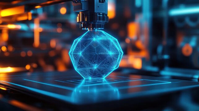 nozzle forming a glowing blue wireframe geodesic sphere on a printing platform in a high-tech lab with orange and blue lighting, evoking precision and futuristic innovation