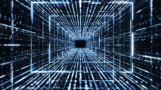 Futuristic Data Tunnel Visualization with Neon Lines in a Digital Virtual Reality Space