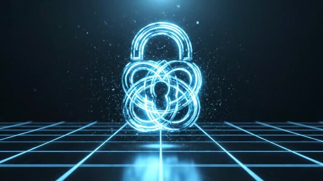 Digital security icons with glowing lock symbols over futuristic grid background emphasizing cybersecurity concepts