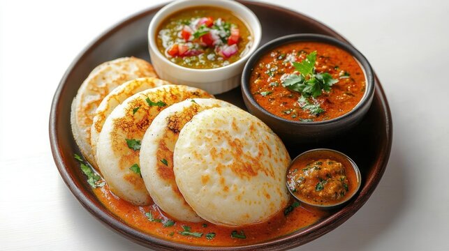 fluffy steamed rice cakes with spicy red lentil curry and three chutneys on a brown plate, garnished with cilantro &mdash; warm inviting homestyle breakfast