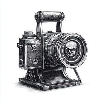 nostalgic detailed ink illustration of a vintage box camera with large lens, top handle, dials and sturdy base, evoking timeless craftsmanship and curiosity
