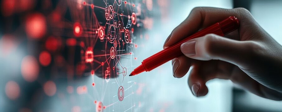 close-up of a hand holding a red pen interacting with a glowing red network interface on a translucent touchscreen, focused analytical mood