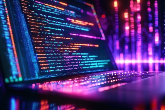 Close-up laptop screen filled with colorful source code and neon purple-blue reflections on keyboard, blurred glowing data streams in background conveying futuristic focus and high-tech energy