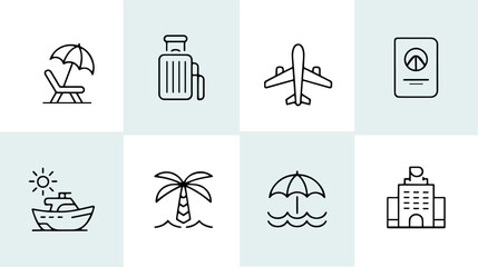 Beach relaxation icon set. Sunbed, deck chair and umbrella outline icons for vacation, resort and summer holiday. Travel and tourism line pictograms, editable stroke vector isolated on white backgroun © Iconora