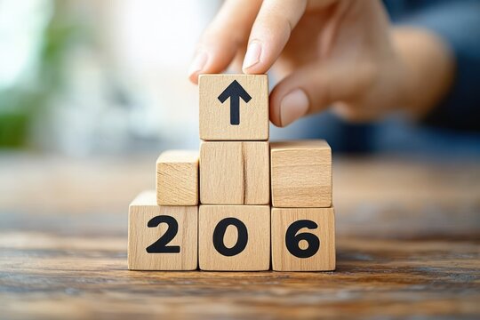 hand placing an upward arrow wooden block on stacked wooden blocks showing 206 conveying progress and optimism