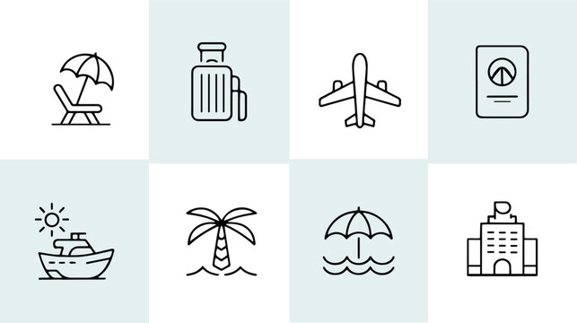 Beach relaxation icon set. Sunbed, deck chair and umbrella outline icons for vacation, resort and summer holiday. Travel and tourism line pictograms, editable stroke vector isolated on white backgroun
