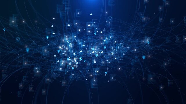 Abstract global digital connections with glowing nodes, location markers, network lines forming dynamic data web. worldwide cloud systems, social connectivity, modern information exchange environment.