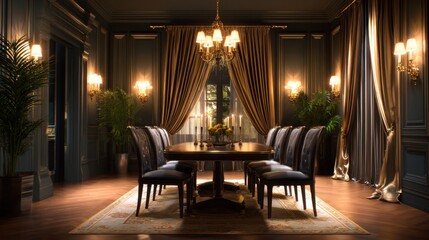 Fototapeta premium Elegant dining room with lavish decor, featuring a large table, chairs, and ambient lighting