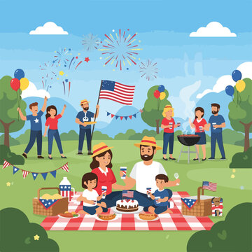 Family Enjoying Patriotic Fourth July Picnic.