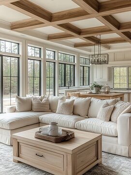 bright open living room with beige sectional sofa, wooden coffee table, coffered ceiling beams, large grid windows and open kitchen island &mdash; calm cozy inviting atmosphere