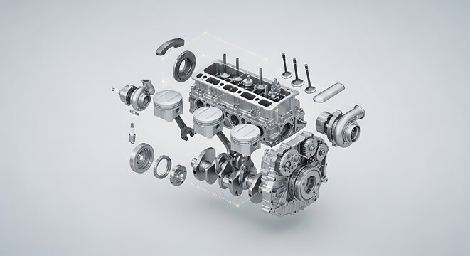 A disassembled car engine with parts scattered around