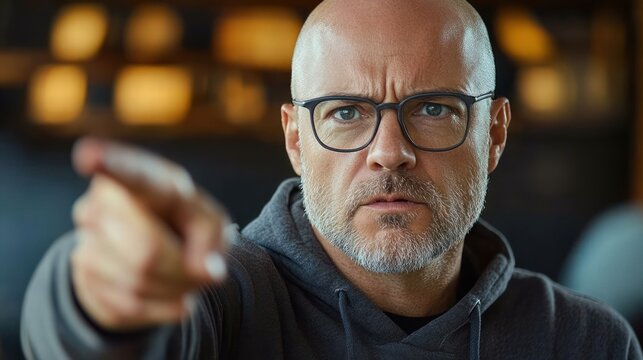 bald person in gray hoodie pointing directly at camera in dim interior with warm bokeh lights, confrontational and urgent gesture