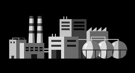 Naklejka premium Black and white illustration of a factory complex with smokestacks, tanks, and connected buildings