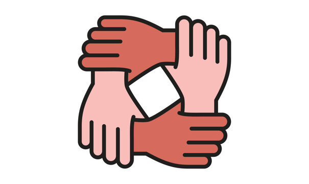 Teamwork Hands, Four hands holding each other's arms icon, People connected by hands together sign, Vector illustration.
