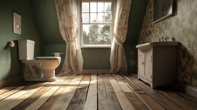 A side bathroom with buckling floorboards due to unseen leakage .