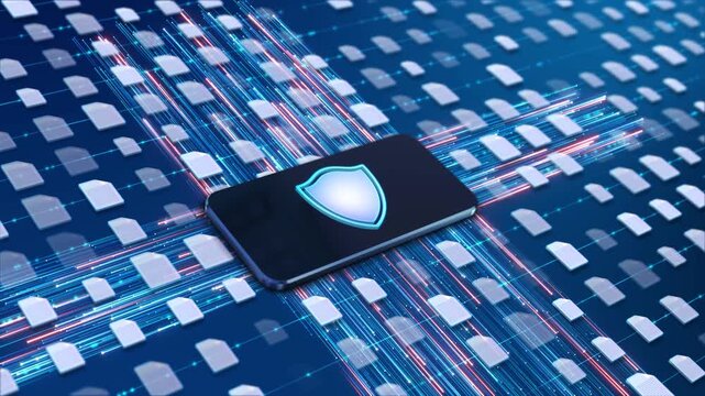 Human Hand click on Smartphone Glowing Security Shield Icon Protecting Digital Data Stream. Mobile cybersecurity phone device acting firewall shield symbol blocking threats network of files