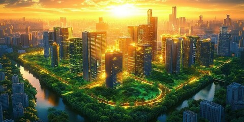 Naklejka premium golden sunset over a modern riverside city with glowing skyscrapers, winding river and lush urban park conveying warmth and optimism