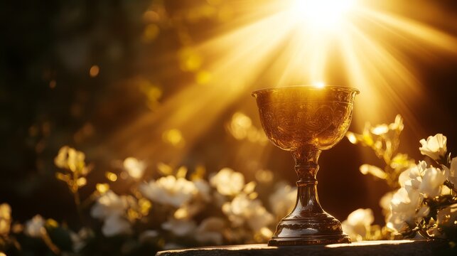 golden chalice on altar with rays of sunlight .