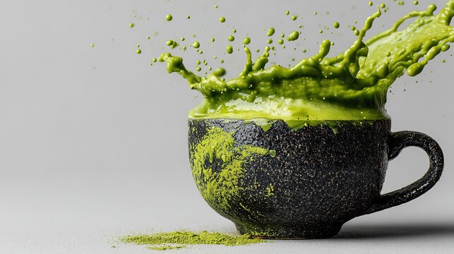 Black cup with vibrant matcha tea splash frozen in dynamic motion, creative green liquid explosion captured midair.