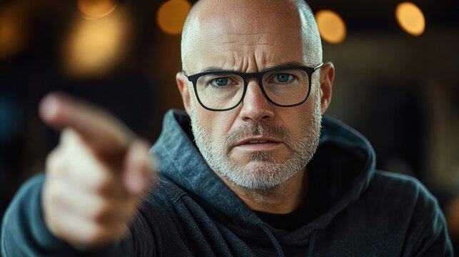 bald man in dark hoodie pointing directly at camera with blurred face, assertive confrontational gesture against warm bokeh lights