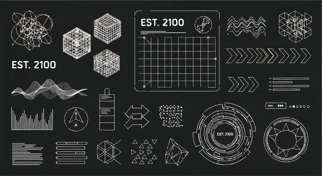 Black and white vector illustration of geometric shapes and data charts