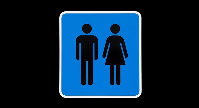 Blue rectangular restroom sign with black stick figure male and female, centered on black background