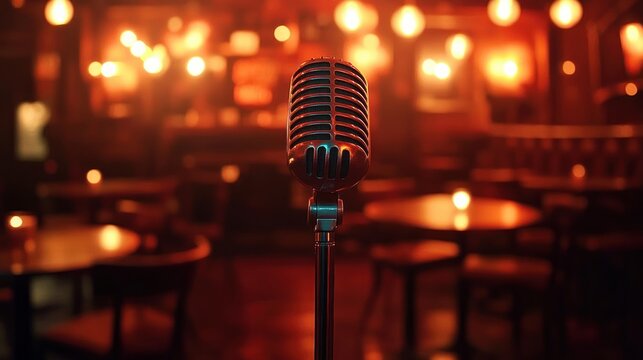 Vintage microphone on stand in an empty dimly lit lounge with round tables and warm hanging lights, moody intimate atmosphere of anticipation