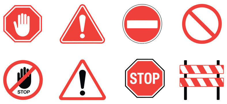 Warning and prohibition signs, includes stop, hand, danger, no entry, traffic light and barrier icons, safety and restriction symbols, hazard alert concept, traffic and security signage, modern vector