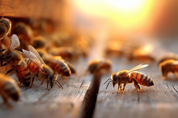 Fototapeta premium Golden light bathes bees on wooden hive entrance