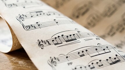Naklejka premium Macro close up of music sheet with notes and shallow depth of field