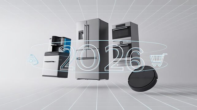 Modern industrial coffee machines with 2026 text technology innovation and automated beverage concept