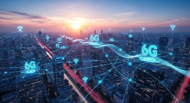 A futuristic cityscape with 6G technology symbols and a glowing network of connections.